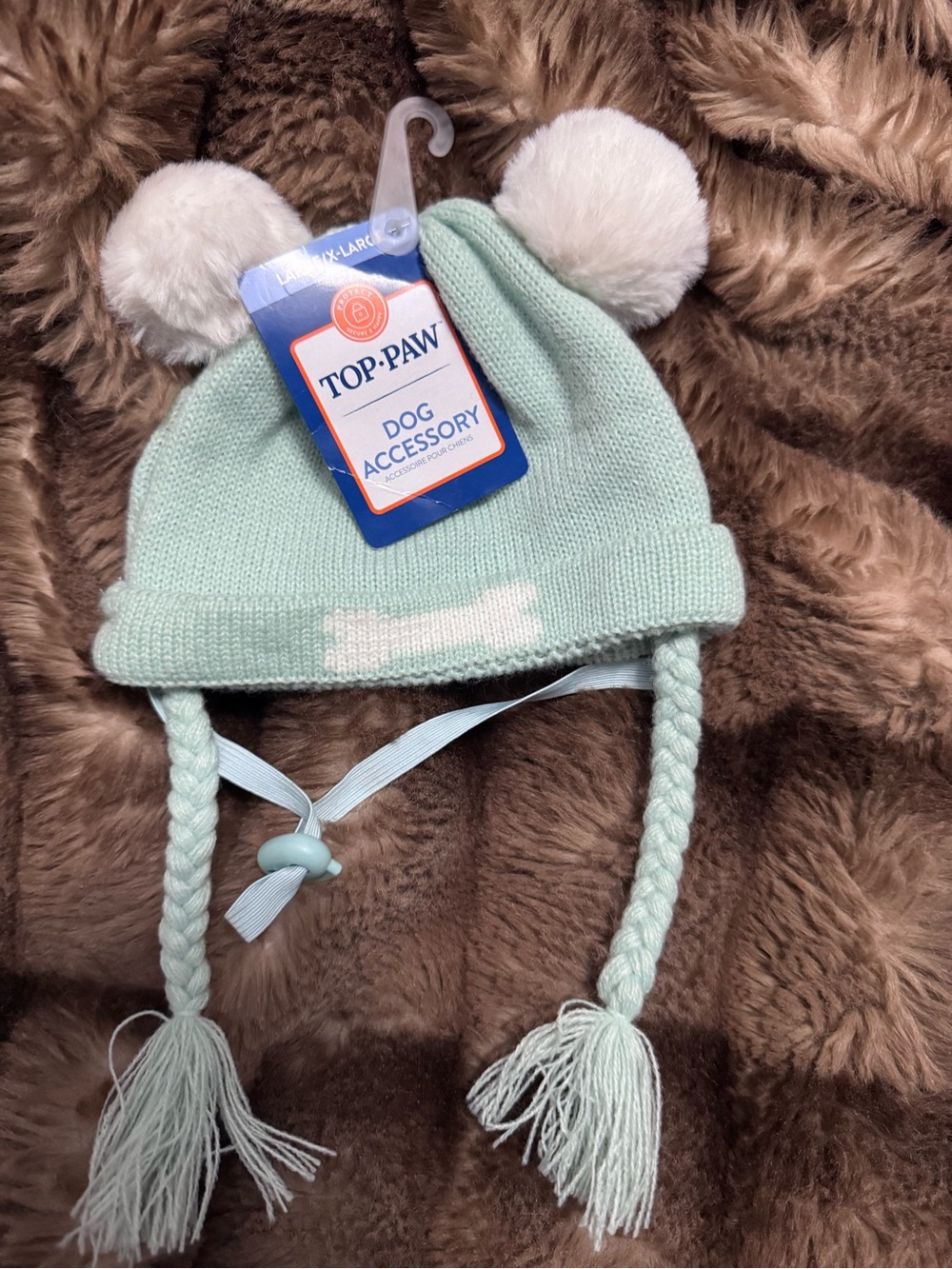Top Paw Mint and White Pom-Pom Dog Beanie with Braided Ties